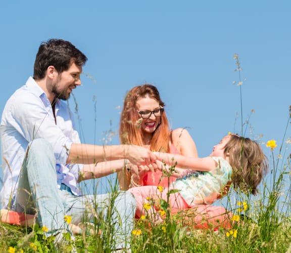 Family holding hands in a field full of flowers